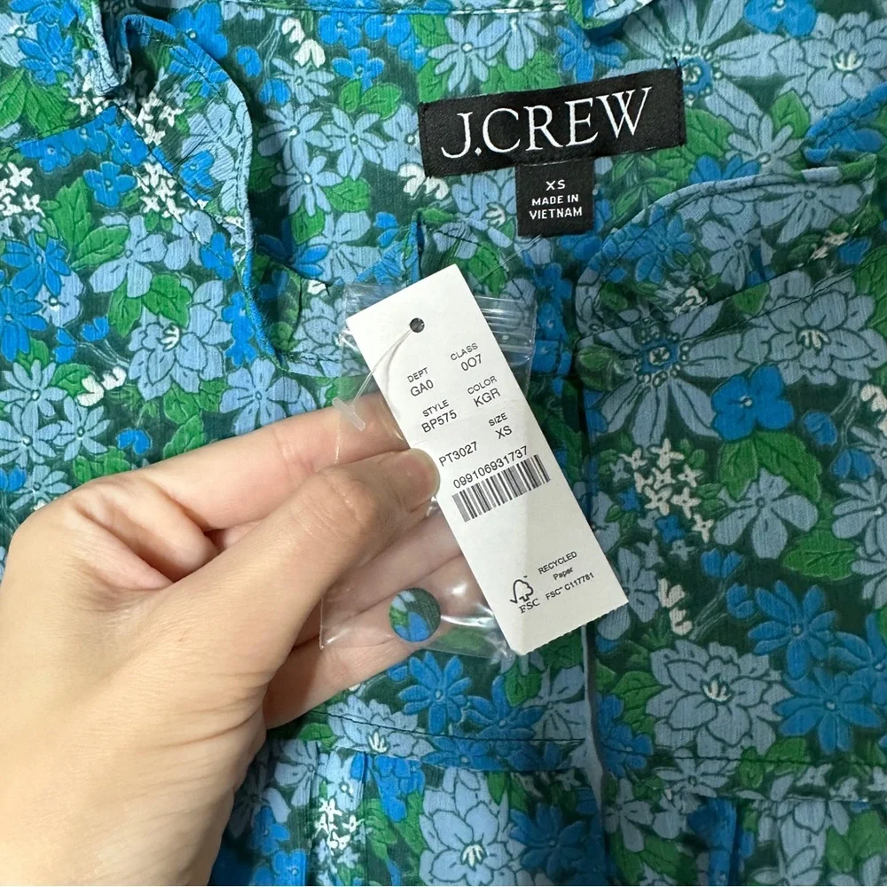 J. CREW blue / green floral Hyacinth Fields ruffle-trim short sleeve top XS NEW